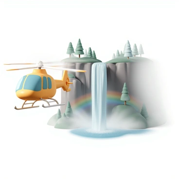 A helicopter, painted in bright yellow with a sleek design, hovers in the sky, providing an aerial view of a "majestic waterfall" cascading down a rugged cliff. The waterfall's water glistens in the sunlight as it plunges into a crystal-clear pool below, creating a rainbow effect in the mist. Lush green trees surround the waterfall and rocky terrain, enhancing the vibrant colors of the landscape. The helicopter's rotor blades spin swiftly, creating a slight blur as it captures the stunning scene below.