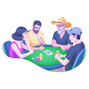 A modern pastel illustration depicts a championship poker game in progress. There are four players seated around a green felt poker table. Each player has a focused poker face, showcasing a mixture of concentration and tension. One player, a woman with short dark hair, is glancing at her cards, her eyebrows slightly furrowed. Another player, a man with glasses and a beard, rests his chin on his hand, intently studying the table. A third player, an older man wearing a cowboy hat, has a slight smirk, as if concealing a strong hand. The fourth player, a young man with a baseball cap, nervously shuffles his chips. A deck of cards lies in the center of the table, surrounded by poker chips in various colors, adding to the competitive atmosphere.