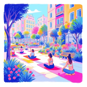 A peaceful urban park is filled with lush greenery and vibrant vertical gardens climbing up the walls of nearby buildings. In the foreground, several people are practicing yoga on colorful mats, each in different poses. Some individuals are focusing on balance, while others are engaged in stretches, showcasing a variety of skill levels. The park has walking paths lined with benches where a few visitors are seated, enjoying the serene atmosphere. Nearby, trees provide shade, and flowers add pops of color throughout the scene.