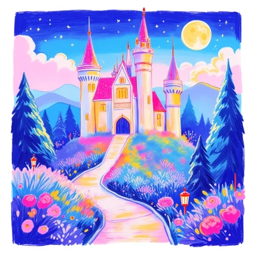 An enchanted castle with twinkling lights and a mysterious aura