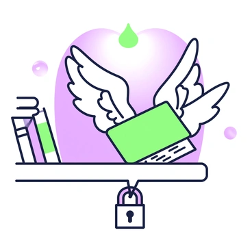 A book is lying on a shelf, its cover displaying the title clearly. The shelf is padlocked, with the lock prominently featured in the foreground. Suddenly, the book starts to sprout a pair of wings, which are fully extended, showcasing intricate details of the feathers. The wings are lifting the book off the shelf, creating a sense of movement as it begins to fly away. The surrounding area includes a few other books on the shelf, but none are as prominent as the one with wings. Above the shelf, there is a softly glowing light that illuminates the scene, emphasizing the book's escape.