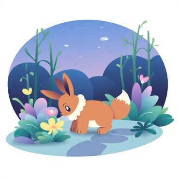 An Eevee with a fluffy brown coat is exploring a garden filled with various rare plants. The plants emit a soft, gentle glow in shades of blue, green, and purple, illuminating the surrounding area in the twilight. The Eevee is crouched down, sniffing a vibrant flower with luminescent petals nearby. In the background, there are tall, slender trees with delicate leaves that rustle softly in the evening breeze. The sky above is transitioning into deep hues of indigo and navy, with a few twinkling stars beginning to appear. A small stone path winds through the garden, leading deeper into the enchanting landscape.