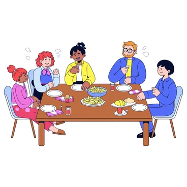 A dinner party scene with a long wooden table set with white plates and colorful napkins. Around the table are four guests, two women and two men, engaged in conversation. One woman has curly red hair and is laughing, while the other has straight black hair tied in a bun. One man wears glasses and has a beard, while the other has short, light brown hair. Centered on the table are various dishes, including a salad in a clear bowl, a loaf of bread, and a large platter of pasta. The atmosphere is vibrant, with steam rising from the warm food and glasses filled with drinks.