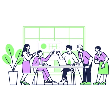 A group of investors is gathered around a large conference table in a modern office setting. The table is covered with various documents and a laptop is open in front of one of the investors. There are five individuals present, each dressed in professional attire. One investor, a woman with long hair, is pointing at a chart projected on the wall, while another investor, a man with glasses, is taking notes on a notepad. A third investor, an elderly man, leans forward with a thoughtful expression, and the remaining two investors, a young man and a woman, are engaged in conversation about the proposal. Large windows in the background let in natural light, illuminating the room. A potted plant is positioned in the corner, adding a touch of greenery to the office environment.