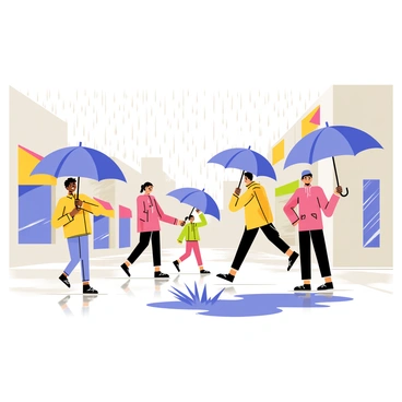 A street scene featuring several people walking under vibrant blue umbrellas. The ground is wet, reflecting the gray sky and the colorful umbrellas. Raindrops are visible as they fall and splash on the pavement. Various shops with colorful awnings line the street, and a few passersby in raincoats are seen hurrying along. A splash from a puddle adds to the lively atmosphere of the rainy day.