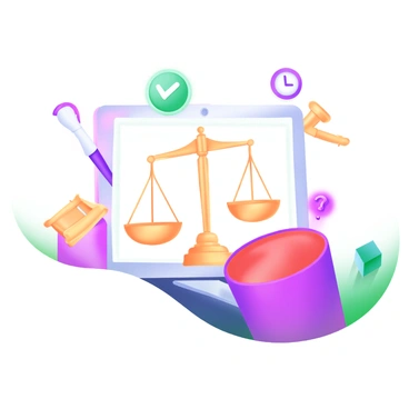 A modern pastel illustration featuring a collage of various iconic symbols. The centerpiece is a detailed "scales of justice" in a gold hue, balanced evenly on either side. To the right, there is a bright red "quiz buzzer" with a shiny surface, emphasizing its readiness to be pressed. Surrounding these main elements are smaller icons, including a gavel, a question mark, and a clock, all arranged harmoniously to enhance the theme of competition and fairness. The background is soft and subtle, allowing the symbols to stand out prominently.