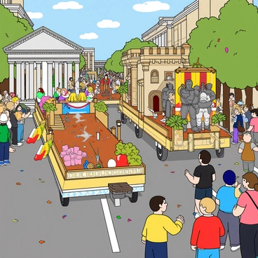 A colorful parade of elaborate carnival floats moves down a bustling street. Each float is intricately designed, showcasing different historical scenes. One float depicts ancient Rome, featuring marble columns and statues of famous figures, with performers dressed as gladiators engaging in mock battles. Another float represents the Renaissance, adorned with vibrant banners and artists at easels, surrounded by sculptures and fountains. A third float catches attention with a depiction of a medieval castle, complete with knights in shining armor and a drawbridge. The street is lined with excited spectators, children waving flags and adults taking photos. Balloons and confetti fill the air, adding to the festive atmosphere. Brightly colored streamers hang from the floats, fluttering in the breeze.