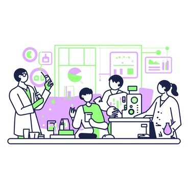 A team of international scientists is gathered in a high-tech laboratory. There are four scientists: one with glasses and a lab coat is examining a screen filled with data, another is adjusting a complex machine with buttons and dials. The third scientist is holding a pipette while discussing with the fourth, who is typing on a laptop. The laboratory is filled with various equipment such as beakers, test tubes, and advanced instruments. Large windows let in light, revealing high-tech monitors and screens displaying graphs and colorful diagrams throughout the space.