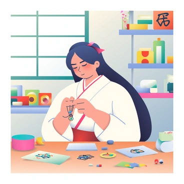 A miko, with long black hair tied back in a traditional style, is seated at a wooden table in a shrine workshop. She is wearing a white kimono with red accents and is focused on crafting protective amulets. Brightly colored threads, beads, and papers are spread across the table, creating a vibrant scene. In the background, there are shelves filled with additional crafting materials and decorative items related to the shrine. A small window lets in soft natural light, illuminating the miko's concentrated expression as she ties a knot on an amulet with care.