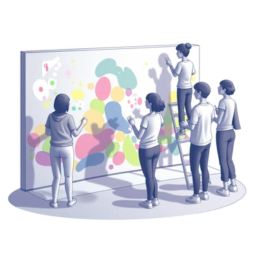 A group of students gathers around a large wall, each holding paintbrushes and palettes. They are engaged in painting a vibrant mural, with one student standing on a ladder to work on a high section, while others are focused on the lower parts. The design of the mural is colorful and dynamic, featuring abstract shapes and figures. Some students are discussing their ideas animatedly, while others are applying paint with careful precision. The wall is partially completed, showing a mix of vivid sketches and painted areas. The sun is shining down on the scene, and paint splatters are visible on the students' clothes and the ground.
