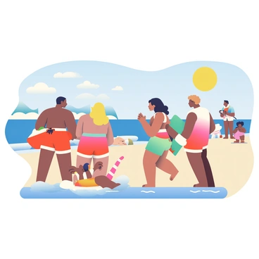 A group of lifeguards of diverse ages and backgrounds is gathered on a sandy beach. One lifeguard with dark skin and a short haircut is reaching out to a swimmer who is struggling in the water. Another lifeguard with light skin and long, blonde hair is preparing a rescue board to assist. A third lifeguard, with medium skin and curly hair, is holding a buoy while shouting instructions. In the background, the ocean waves are crashing against the shore, and the sun is shining brightly in a clear blue sky. Beachgoers can be seen in the distance, watching the scene unfold.