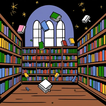 An old library filled with wooden shelves stacked high with numerous books. Some books are floating off the shelves, hovering in mid-air, while others have their pages turning as if an invisible breeze is flipping through them. The library is dimly lit, with beams of light filtering through tall, arched windows, illuminating dust particles dancing in the air. The floor is made of polished wooden planks, and there are intricate patterns on the ceiling, adding to the magical atmosphere of the scene.