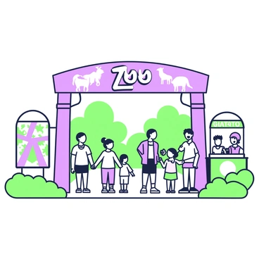 A city zoo entrance is depicted with families entering through the large archway. The entrance features a prominent sign that reads "Zoo" in bold letters. To the left, a family of four is walking in, with two children holding hands and excitedly pointing towards the exhibits. To the right, another family is stopping to take a photo in front of a colorful mural of various animals. In the background, a ticket booth can be seen with a friendly staff member assisting visitors. Lush greenery lines the pathway leading into the zoo, creating an inviting atmosphere.
