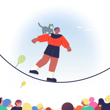 A tightrope walker with a curious pet cat perched on their shoulder