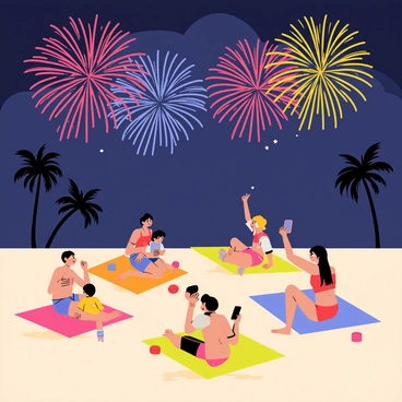 A sandy beach scene featuring families sitting together on colorful towels. There are children playing with beach toys while adults lounge and chat. The night sky is illuminated by vibrant fireworks in various colors, including red, blue, and yellow, bursting into beautiful shapes. Some families are pointing at the fireworks in excitement, while others are taking pictures with their smartphones. The silhouettes of palm trees can be seen in the background against the illuminated sky.