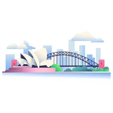 A dynamic skyline of Sydney is visible, showcasing a blend of modern and historic architecture. The iconic "Sydney Harbour Bridge" spans across the image, its steel structure glistening in the sunlight. In the background, the "Sydney Opera House" is positioned elegantly, its sail-like roofs contrasting against the blue sky. Surrounding skyscrapers rise into the air, with reflective glass surfaces catching the light. A few fluffy white clouds drift overhead, adding subtle texture to the sky. The foreground features a calm waterway that reflects the skyline, enhancing the overall composition.