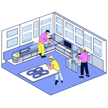 An interior view of a factory where bike chains are being manufactured and assembled. The factory features rows of machines with metallic parts and conveyor belts. Workers are wearing safety gear while they operate the machines, focusing on the assembly of bike chains. Several bike chains are neatly stacked on a nearby table, showcasing their interlocking links. The walls of the factory are painted in neutral colors, and large windows allow natural light to filter in, illuminating the workspace.