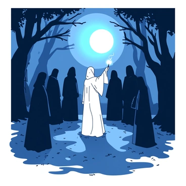 A white figure resembling Voldemort stands in the center of an eerie forest, illuminated by the light of a full moon. He is surrounded by several hooded followers, each draped in dark robes that obscure their faces. The moonlight casts long shadows on the ground, enhancing the mysterious atmosphere of the scene. The trees around them are tall and gnarled, their branches reaching out like skeletal hands. The ground is covered in a layer of mist, adding to the supernatural feel of the gathering. The followers appear to be listening intently to Voldemort, who raises his wand, creating a glowing orb of white light in his hand.