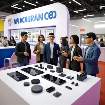 A young CEO with short, dark hair, wearing a tailored navy blue suit and a crisp white shirt, stands confidently at a booth showcasing a range of products. The booth is decorated with modern signage that features the company logo prominently displayed. Beside the CEO, there are two team members: one is a woman with curly hair wearing a business casual outfit, and the other is a man with glasses in a smart, casual shirt. They are all engaged in conversation with potential clients, highlighting the products laid out on the table. The products include sleek tech gadgets and innovative prototypes, carefully arranged for display. The atmosphere is lively, with other expo attendees visible in the background, creating a sense of dynamic interaction.