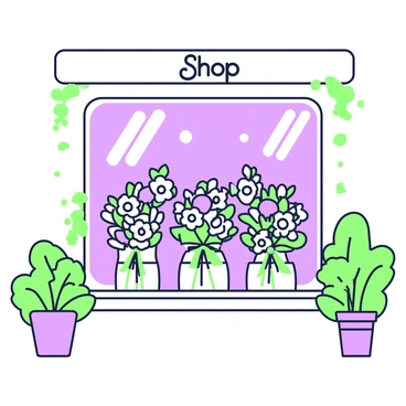 A flower shop window display showcases an array of beautifully arranged bouquets. In the center, several bouquets of fresh roses are elegantly tied with green ribbons, featuring various shades. Surrounding the roses, there are also bouquets of lilies, their delicate petals open wide, adding to the display's charm. The window is framed with green foliage, and two small potted plants sit on either side of the window, providing balance to the composition. The shop name is visible on a sign above the window, inviting passersby to explore the floral offerings inside.