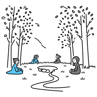 A secret clearing in Rivendell surrounded by tall, graceful trees with delicate leaves. In the center of the clearing, there is a circle of smooth stones forming a natural gathering area. Elves, dressed in flowing robes, are sitting in a relaxed manner, some with their eyes closed in quiet reflection. The sunlight filters through the leaves, casting dappled light on the soft grass beneath them. A gentle breeze stirs the air, creating a tranquil atmosphere. Nearby, a small stream winds its way through the clearing, adding to the serene ambiance.