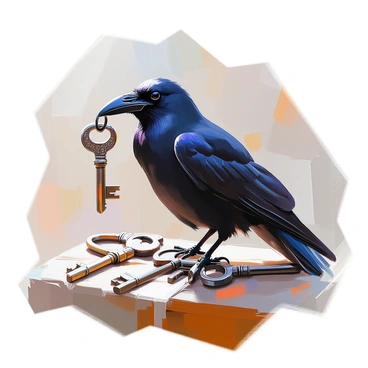 A raven with glossy black feathers is perched on an old wooden surface, holding an "ornate key" in its beak. The key features intricate engravings and a decorative handle. Surrounding the raven are several "vintage keys" of various shapes and sizes, some tarnished and others gleaming. The keys are scattered across the wooden surface, creating an intriguing composition. The raven's sharp, intelligent eyes gaze at the viewer, adding a touch of mystery to the scene.
