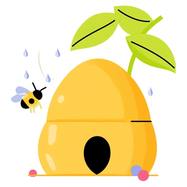 A bee hive shaped like a honeycomb, nestled beneath large, green leaves. The hive is busy with bees flying in and out, their wings glistening with raindrops. The leaves above provide a protective canopy, with droplets of water trickling down. The rain falls gently, creating a serene atmosphere around the hive, while the vibrant green leaves contrast with the golden hues of the honeycomb. The ground is slightly damp, with a few scattered petals nearby.