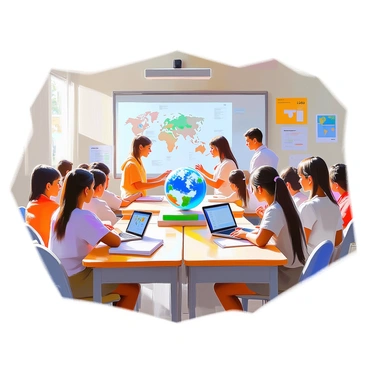 A classroom filled with bright, natural light, featuring students of diverse backgrounds engaged in learning about climate change. The students are clustered around various interactive models that demonstrate concepts such as greenhouse gases, melting ice caps, and renewable energy sources. Desks are arranged in a semicircle to facilitate discussion, and a large whiteboard at the front displays charts and diagrams related to climate change. The walls are adorned with educational posters depicting the Earth's ecosystems and the impact of climate change. Some students are using tablets to access additional information, while others are animatedly discussing their findings with peers.