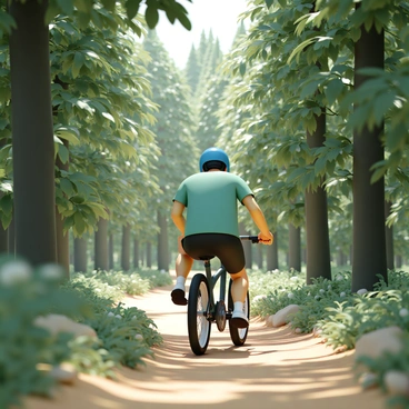 A person riding a recumbent bike on a narrow forest trail. The rider is wearing a bright blue helmet, a green t-shirt, and black shorts. They are focused on navigating the winding path, which is flanked by tall, lush green trees. Sunlight filters through the dense canopy above, creating dappled light patterns on the ground. The trail is lined with small rocks and roots, adding to the challenge of the ride. The scene conveys a sense of adventure as the rider maneuvers through the vibrant, natural environment.