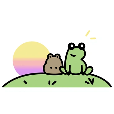 A green frog and a brown toad are sitting side by side on a grassy hilltop. The frog has bulging eyes and is facing the horizon, while the toad, with its textured skin and rounded shape, sits next to it, looking similarly towards the sky. The sunset is vibrant, displaying a gradient of colors including orange, pink, and purple, casting a warm glow over the scene. The hilltop is gently sloped and dotted with small patches of wildflowers.