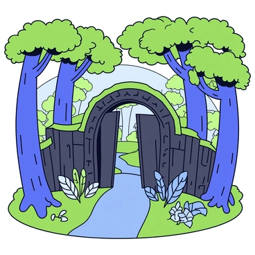 An ancient gate covered in green moss stands prominently in the center of the image. The gate is made of dark, weathered wood with intricate carvings visible on its surface. Surrounding the gate are towering trees with thick trunks and lush green foliage that filters sunlight, casting dappled shadows on the forest floor. Various small plants and ferns grow near the base of the gate, adding to the enchanting atmosphere of the scene. The background features a gentle hint of a path leading deeper into the forest.