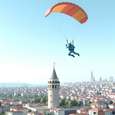A skydiver, wearing a blue jumpsuit and a white helmet, is descending through the air with a parachute open above. The parachute is bright red with yellow accents, contrasting against the blue sky. Below, the cityscape of Istanbul is visible, showcasing a sprawling view of buildings, streets, and parks. In the foreground stands the "Galata Tower," a tall stone structure with a conical roof, surrounded by an array of city buildings. The sun casts shadows across the city, creating a dynamic atmosphere.