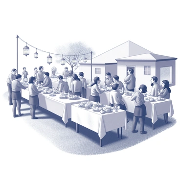 A lively outdoor village feast taking place in a rustic setting. There are long tables arranged in parallel, laden with various dishes such as breads, fruits, and pastries. The tables are surrounded by groups of people engaged in conversation and laughter, creating a sense of community. In the background, the outlines of simple houses can be seen, contributing to the village atmosphere. Lanterns are hanging above the tables, adding to the festive ambiance of the gathering. The ground is covered with grass, and there are trees providing shade around the area.