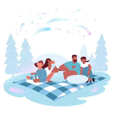 A family is lying on a checkered blanket spread out on a grassy field under a night sky filled with stars. The parents are both reclining on pillows, while two children are leaning back with excitement. The blanket is adorned with snacks and drinks. In the sky above, numerous meteors are streaking across, creating trails of light. Surrounding the family, silhouettes of trees create a natural border against the starry backdrop.