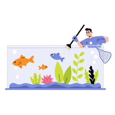 A person wearing a blue shirt and gloves is cleaning a fish tank. The tank is rectangular with a clear glass front and filled with water. Inside the fish tank, there are colorful fish swimming, including a bright orange goldfish and a blue betta fish. Various aquatic plants, such as green ferns and pink water lilies, are also inside the tank. Bubbles are rising to the surface, and small pebbles cover the bottom of the tank. The person is using a long brush to clean the glass, and a small net is resting on the edge of the tank.