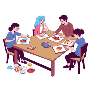 A group of five artists is sitting around a large wooden table, each focused on their individual sketchpads. One artist, with bright blue hair, is drawing a cartoon character with exaggerated features, while another artist, wearing glasses, is sketching a whimsical animal. A third artist is using vibrant red and orange markers to add color to their cartoon scene. Nearby, a fourth artist is deeply concentrated, their pencil moving quickly across the page to capture a funny expression on a cartoon face. In the background, there are supplies scattered on the table, including paintbrushes, markers, and colored pencils, creating a lively atmosphere of creativity.
