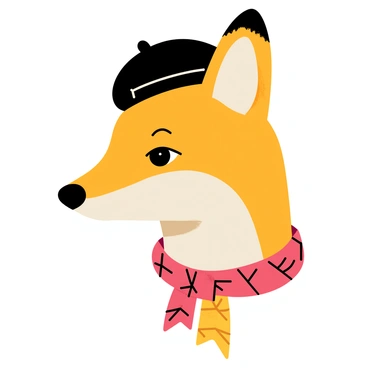 A fashionable fox head with vibrant orange fur and distinct white markings. The fox is wearing a stylish black beret tilted to one side, adorned with a small decorative pin. Around its neck, there is a chic patterned scarf in shades of red and gold, draping elegantly. The fox's bright eyes reflect a sense of confidence and charm, capturing attention with its poised expression.