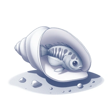 A fish with intricate patterns and delicate fins is nestled inside a large seashell. The seashell is positioned on a sandy ocean floor, surrounded by small pebbles and bits of coral. The fish appears content, as if it is comfortably seated in its shell, which resembles a small vehicle. Above, gentle waves ripple across the surface of the water, casting soft shadows below.