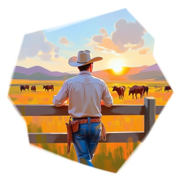 A cowboy with weathered skin and a wide-brimmed hat leans against a rustic farm fence. He is dressed in denim jeans and a plaid shirt, with a lasso hanging from his belt. His arms are crossed as he gazes out over a sprawling ranch filled with green pastures and grazing cattle. In the distance, rolling hills meet a clear blue sky, dotted with a few fluffy white clouds. The sun is setting, casting a warm golden light over the scene, highlighting the textures of the wooden fence and the cowboy's rugged attire.