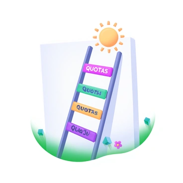 A modern pastel illustration of a ladder leaning against a white wall. Each rung of the ladder is labeled with different quotas written in bold, colorful letters. The rungs are spaced evenly apart, with the labels clearly visible. At the top of the ladder, there is a bright sun symbol shining down. The ground beneath the ladder is grassy, and a few colorful flowers are scattered around the base.