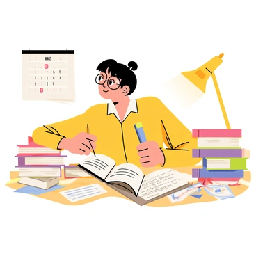 A student sitting at a wooden desk, surrounded by a chaotic arrangement of colorful textbooks and scattered notes. The student has dark hair tied back and wears glasses, focused intently on an open textbook in front of them. A highlighter in one hand and a stack of notes next to them, filled with handwritten reminders. A desk lamp casts a warm glow over the study materials, enhancing the atmosphere of concentration and preparation for the "baccalauréat exam." A calendar on the wall shows important dates circled in red.