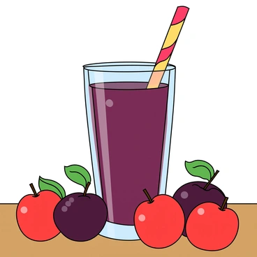 A tall glass filled with a thick, deep purple plum smoothie sits on a simple wooden table. The glass has a colorful, striped straw sticking out from the top, curving playfully. Surrounding the glass are several whole plums, varying in shades from bright red to dark purple, with a few leaves still attached. The plums are glossy and freshly washed, adding a vibrant touch to the scene. Light reflects off the glass, highlighting the smoothie’s creamy texture, and a few droplets of condensation can be seen on the outside of the glass.
