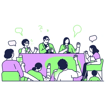 A panel discussion is taking place at an art festival. A long table is set up at the front, with three panelists seated behind it, each holding a microphone. The first panelist, a woman with curly hair, is speaking animatedly. The second panelist, a man with glasses, is nodding in agreement. The third panelist, a woman with straight hair, is looking thoughtfully at her notes. In front of the table, an engaged audience is sitting on folding chairs, listening intently. Some audience members are raising their hands to ask questions, while others are taking notes on notepads. The atmosphere is vibrant and filled with anticipation.