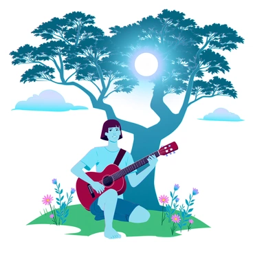 A person with tanned skin and short brown hair is sitting on a grassy patch beneath a large tree with a thick trunk and sprawling branches. The sun shines brightly overhead, casting dappled light through the leaves. The individual wears a light blue t-shirt and cargo shorts. They are holding an acoustic guitar, strumming it gently. Scattered around are colorful wildflowers, and in the background, there is a clear blue sky with a few fluffy clouds. The scene conveys a relaxed atmosphere, with soft shadows on the ground surrounding the person.