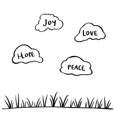 Fluffy clouds shaped like the words "Joy," "Hope," "Love," and "Peace" floating in a clear sky. The clouds have soft, rounded edges, creating a gentle and inviting appearance. Below, an open field with tall grass sways in a light breeze, enhancing the sense of tranquility in the scene.