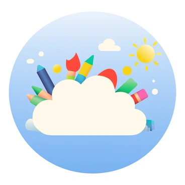 A whimsical cloud is floating in a bright blue sky. The cloud is fluffy and rounded, with soft edges. It is filled with an assortment of colorful art tools. There are red paintbrushes, blue markers, yellow crayons, and green pencils peeking out from the cloud. A few vibrant paint tubes are scattered among the tools, with their caps off, revealing splashes of color. The sun is shining brightly, casting a warm glow on the cloud and the tools within it.