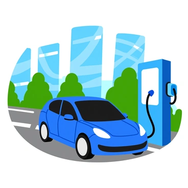 An electric car in a sleek, futuristic design, parked and plugged into a bright charging station. The car is a vibrant blue with smooth lines and a glossy finish. The charging station is tall and designed with a digital display showing charging status. Surrounding the car, there are tall glass skyscrapers and green trees, indicating a modern city environment. The scene is lit by sunlight, casting soft shadows on the ground.