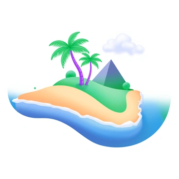 A modern pastel illustration of a triangular-shaped island. The island features several tall palm trees with lush green fronds swaying gently. There is a wide sandy beach lining the edges of the island, with soft golden sand reflecting the sunlight. The surrounding water is a vibrant blue, with gentle waves lapping at the shore. In the background, the sky is clear with a few fluffy white clouds scattered across it.