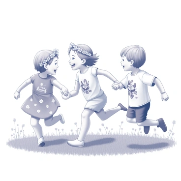 A group of children wearing outfits inspired by nature are playing in a grassy field. One child has a delicate "flower crown" made of various flowers resting on their head. Another child is wearing a dress adorned with a "leaf pattern," featuring intricate details that mimic the texture and shape of real leaves. A third child is wearing shorts and a shirt with a "tree bark" design, resembling the rough texture of tree trunks. They are all happily interacting, running and laughing under a bright sky, surrounded by blooming flowers and tall grass.