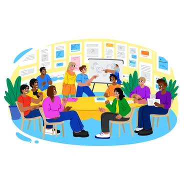 A group of diverse community members gathered in a bright, open room filled with colorful posters about energy-saving practices. Some participants are seated at round tables, looking at pamphlets, while others stand near a whiteboard with diagrams explaining various energy-efficient methods. A facilitator, an enthusiastic woman with short hair, is pointing at the board while engaging the group. Sunlight streams through large windows, illuminating the space and creating an inviting atmosphere. There are also plants in the corners, adding a touch of greenery to the environment. Each participant is actively involved, taking notes or discussing ideas with one another.